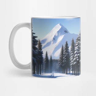 A snow covered forest with a mountain in the background Mug